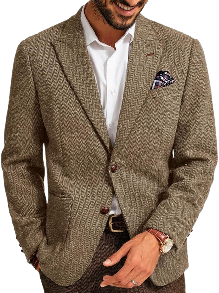 Herringbone Tweed Blazer Two Button Wool Blend Sport Coat with Pocket Square